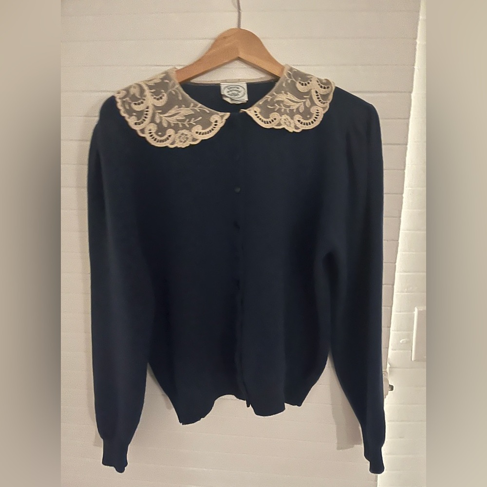 Laura Ashley vintage wool cardigan navy with lace collar NWT! M/L